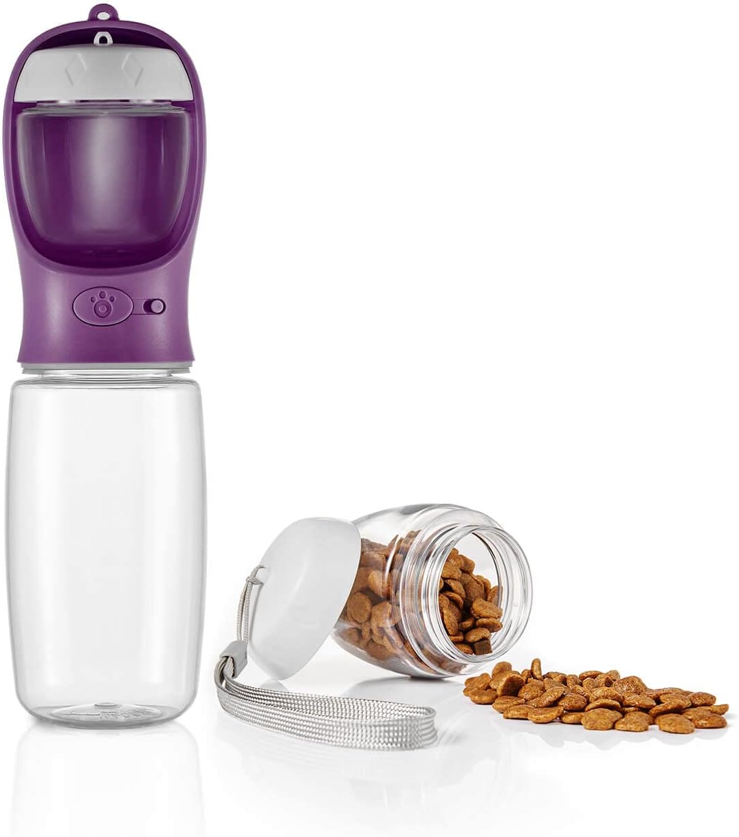 Portable Dog Water Bottle with Food Container, 19 OZ + 6 OZ, Leak Proof Puppy Water Dispenser with Drinking Feeder for Pets Outdoor Walking, Hiking, Travel, Food Grade Plastic