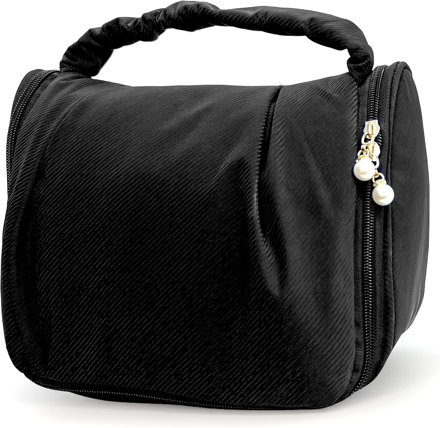Cute Hanging Travel Toiletry Bag for Women, Small Ruched Make-up Bag Cosmetic Hand-bag, Carry-On Storage Organizer Pouch with Handles Pearl Zipper for Travel Essentials Skin-Care Accessories, Black