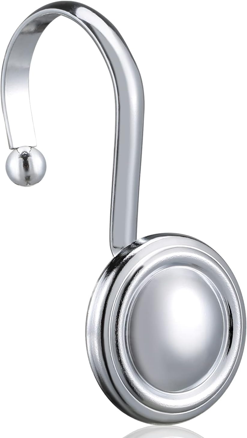 Silver Shower Curtain Hooks, Chrome Decorative Shower Curtain Hooks for Bathroom, Rt Proof Shower Curtain Rings Hangers for Shower Curtain Rod,Set of 12 Metal Glossy Round Design