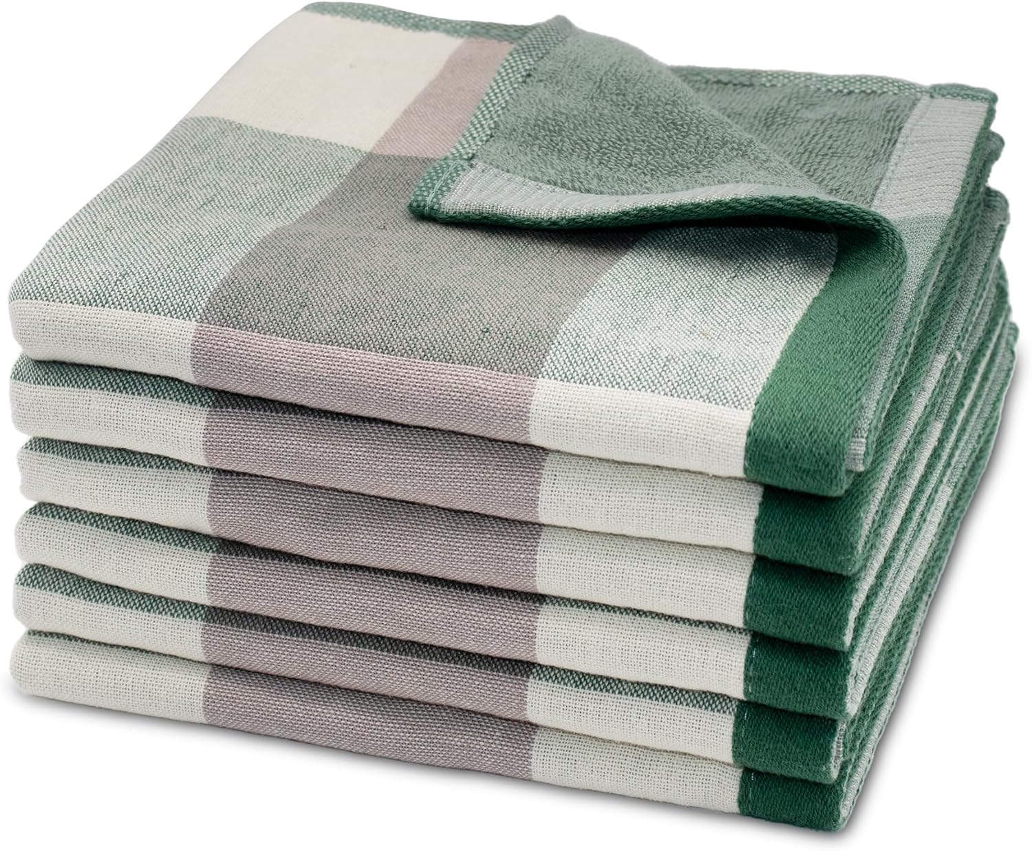 6 Pack 100% Cotton Washcloths, Dual-Sided Design Terry + Gauze Facecloths, 13x13 Inch Ginghqm Washrags, Soft & Skin-Friendly, for Bathroom, Kitchen & Hoehold Green, 13x13 Inches
