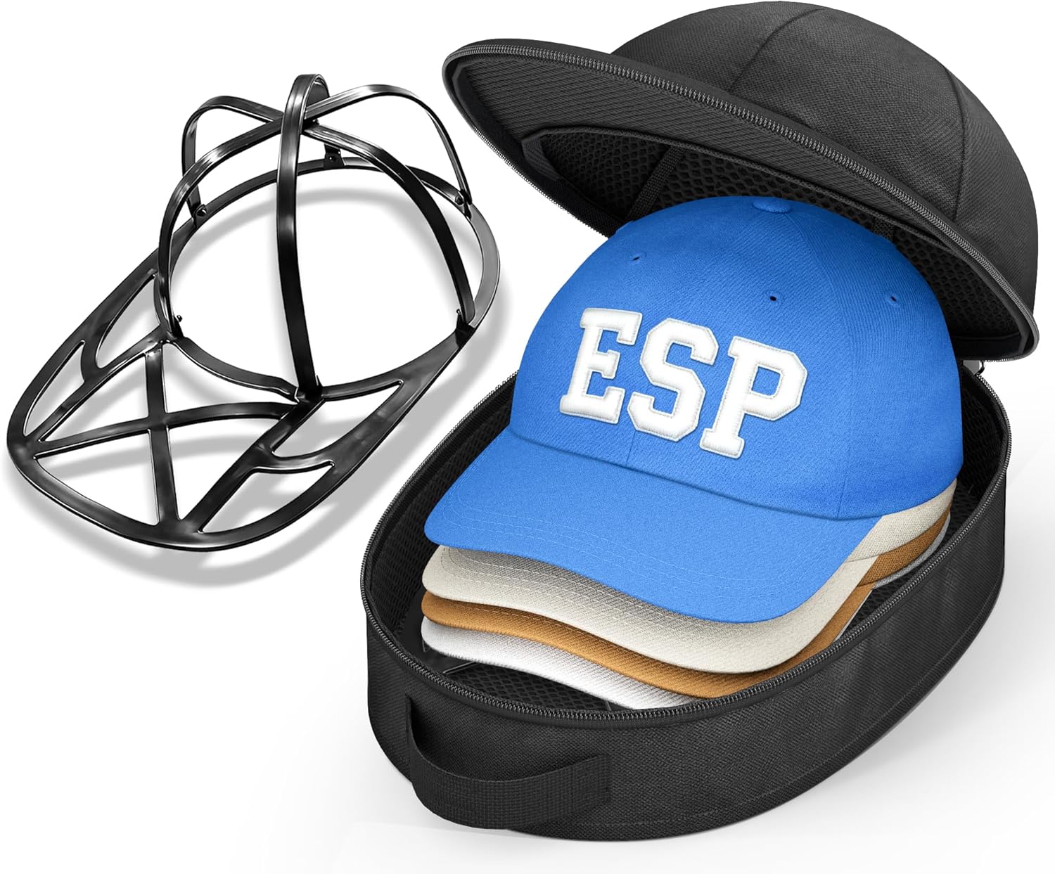 Hat Travel Case for Baseball Caps, Cap Carrier with Plastic Holder & Carrying Handle, Holds up to 6 Caps Hat Bag for Luggage, Suitcase Black