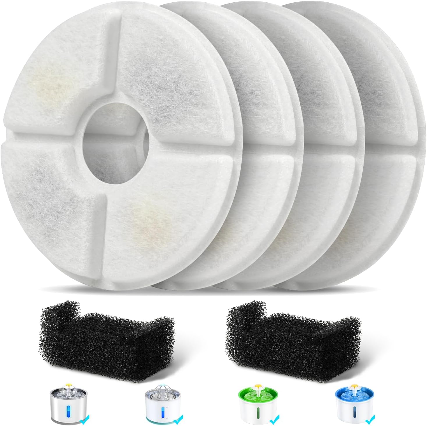 Filters Replacements for Flower Automatic Pet Fountains, Cat Water Fountain Replacement Parts and Dog Water Dispensers Filters for 81oz/2.4L Round Cat Water Fountains 4 Filters+2 Sponges