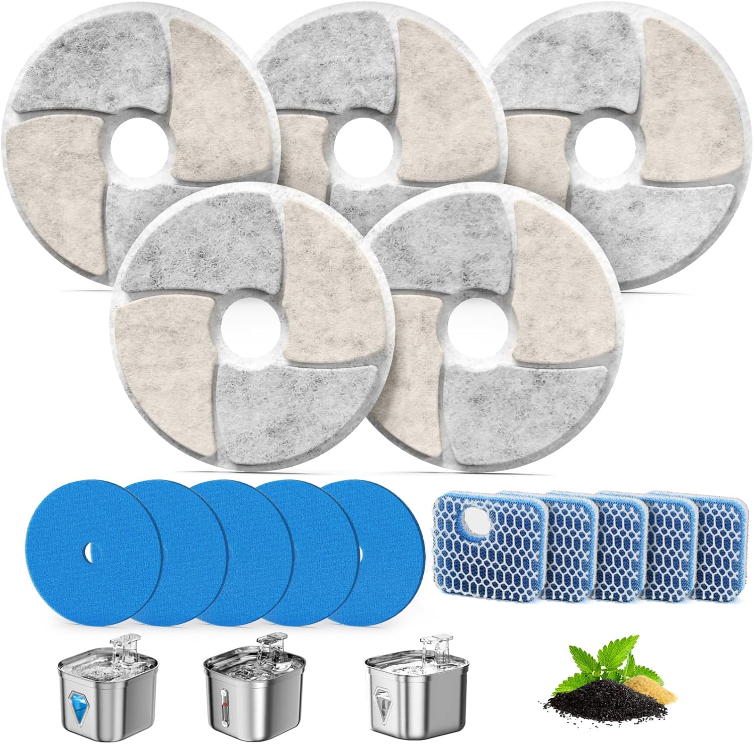 Cat Pet Water Fountain Filters, 5 Pack Replacement Filters Fit for Square 2.2L/73oz Automatic Pet Fountain, Diameter 4.1 Inch Filter with Triple Filtration System 5+5+5