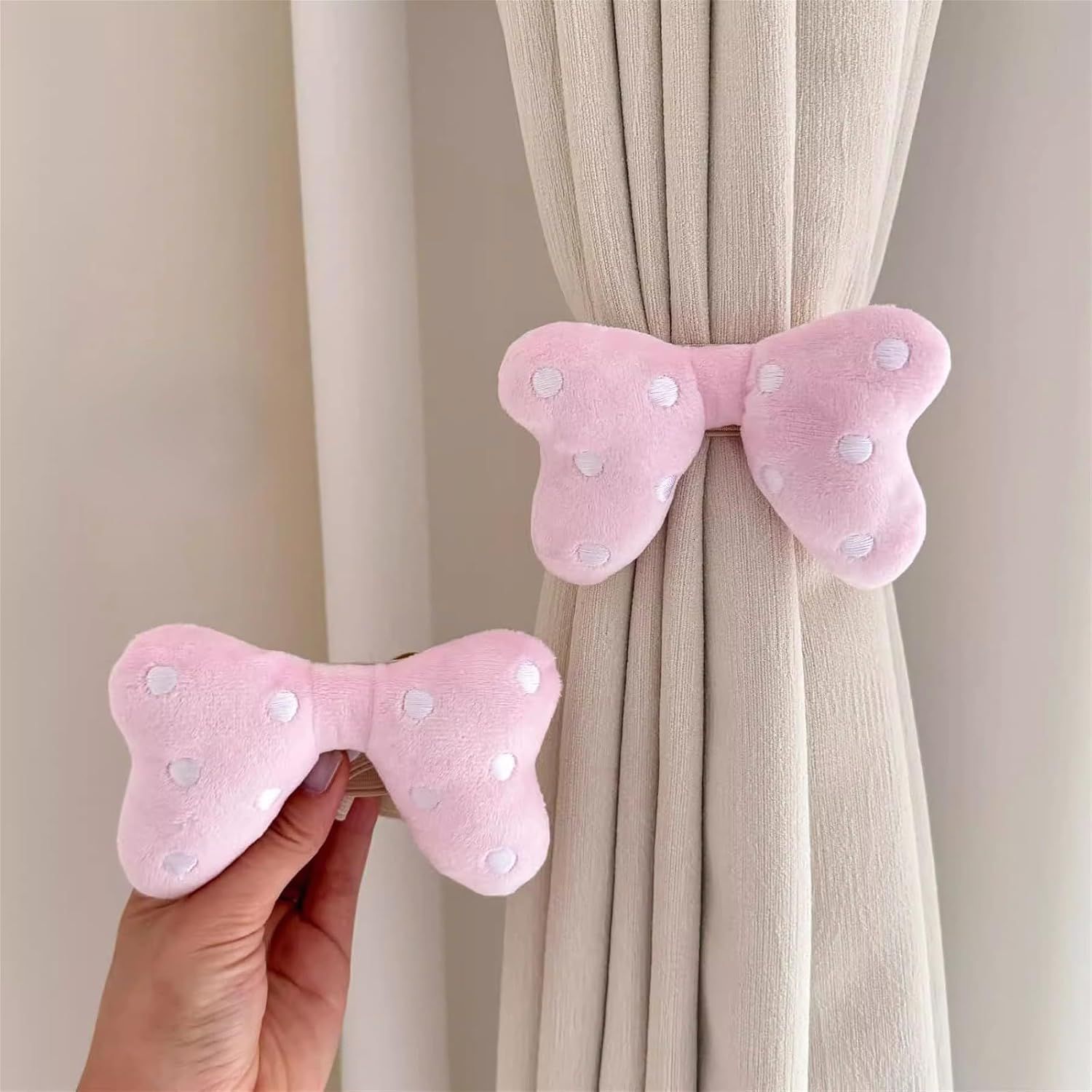 2 Pack Curtain Tiebacks with Pink Plush Bow and White Polka Dot, Snap Button Closure Curtains Holdbacks for Window Decor Pink