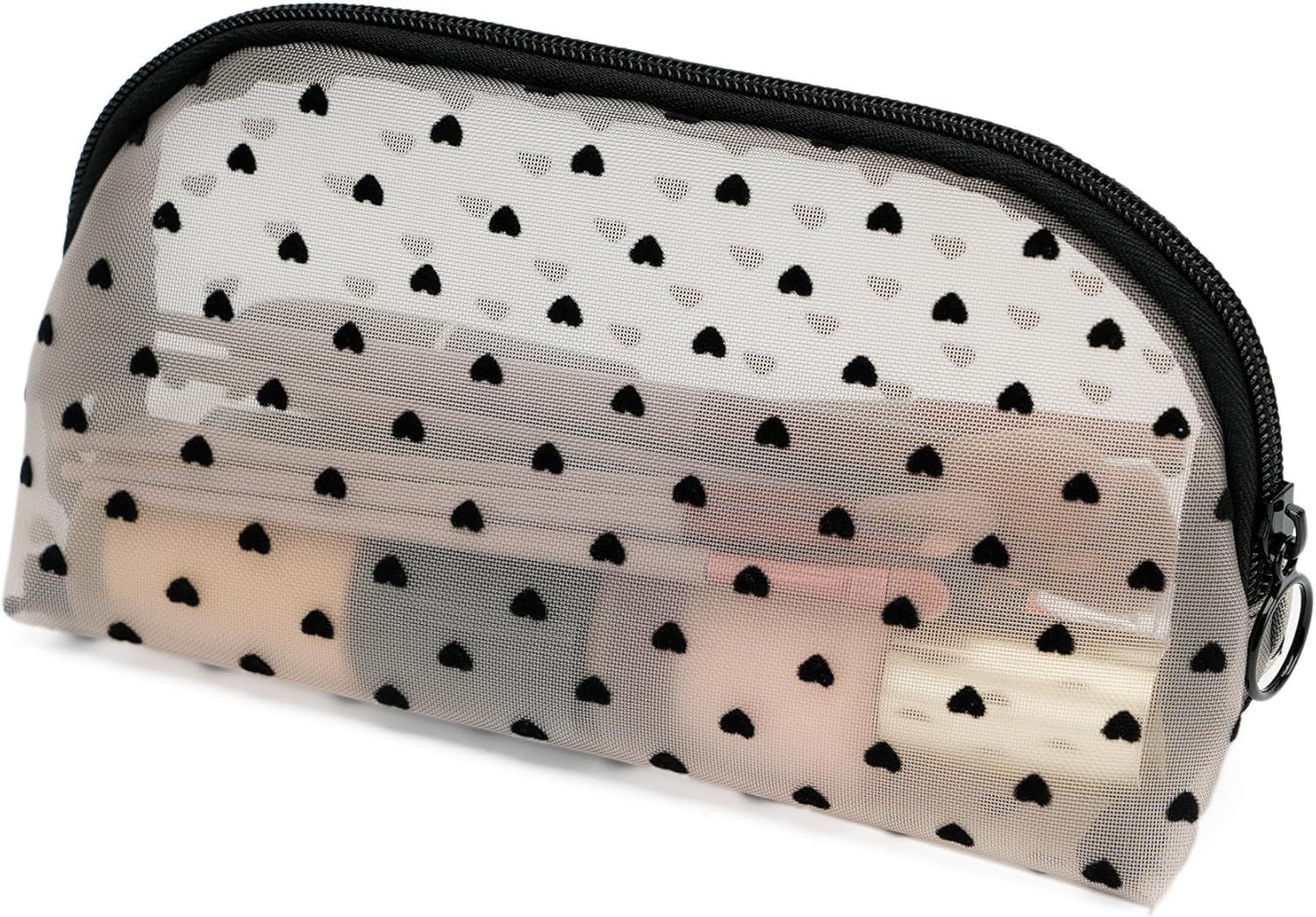 Portable Mesh Makeup Bag with Zipper Small Travel Toiletry Bag Lightweight Cosmetic Pouch Beige&Black Heart Half Round