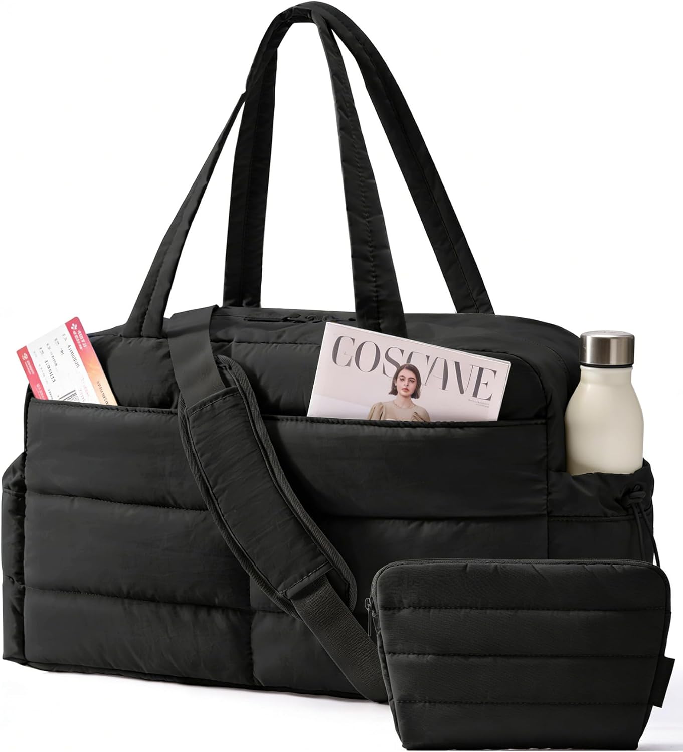 Gym Bag for Women, Lightweight Puffer Duffle Bag 2-PC Travel Bag, 31L Weekender Overnight Bag Quilted Carry On Tote Bag, Diaper Hospital Dance bag for Travel, Gym, Water Resistant, Black