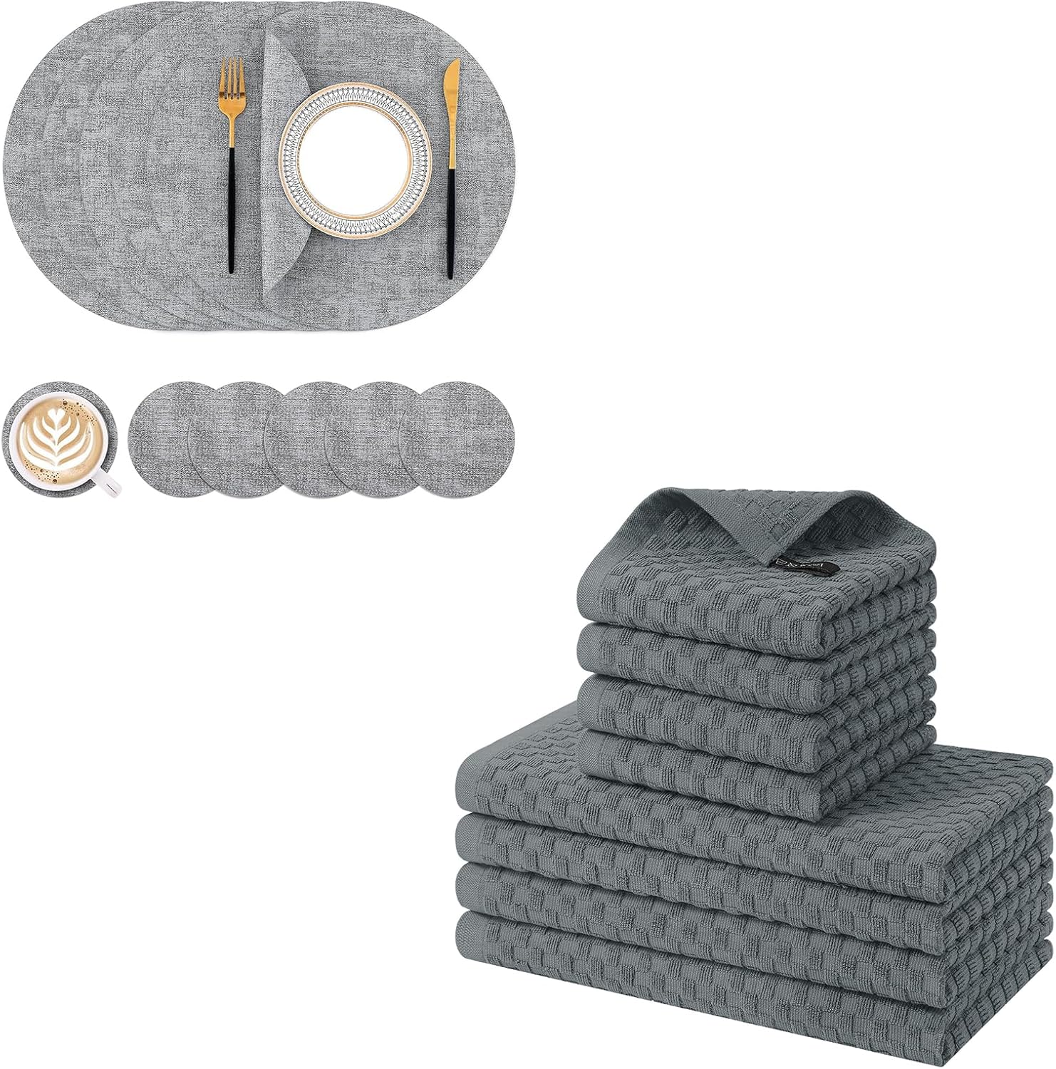 Homaxy Round Faux Leather Placemats and Coasters, Washable Dual-Side Table Mats and 100% Cotton Kitchen Towels and Dishcloths Set 12 x 12 & 15 x 25 Inches, Set of 8 Bulk