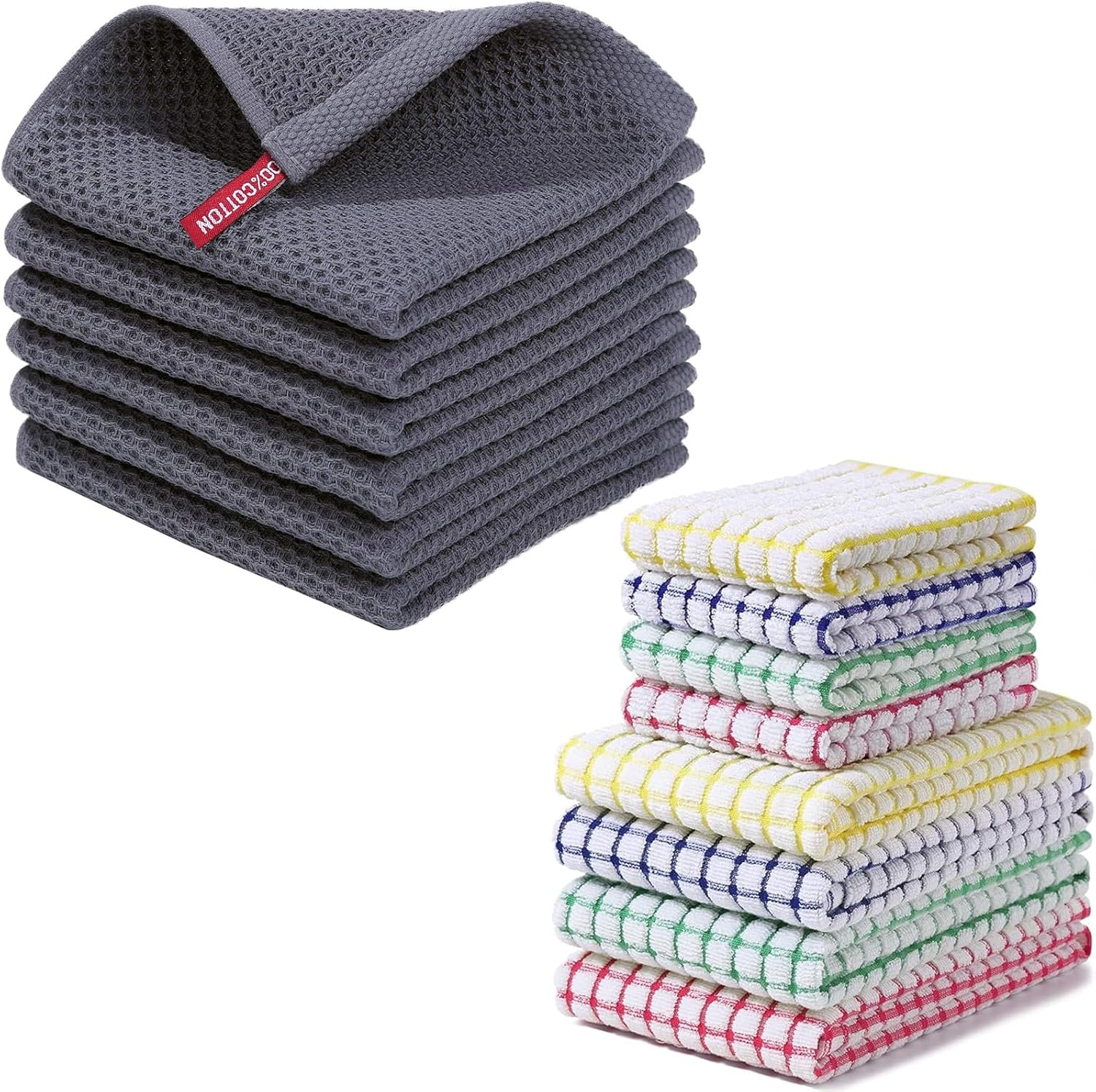 Homaxy 100% Cotton Waffle Weave Kitchen Dish Cloths 12 x 12 Inches, 6-Pack, Dark Grey , Kitchen Towels and Dishcloths Set 16 x 25 and 12 x 12 Inches, 8-Pack, Blue/Yellow/Red/Green