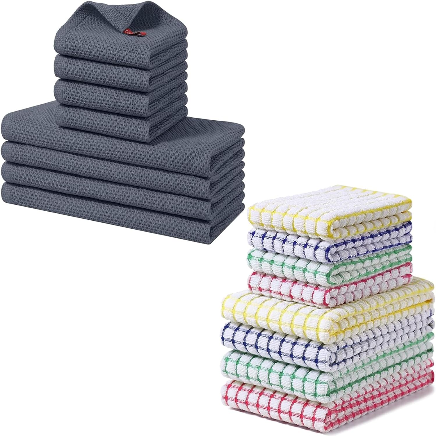 Homaxy 100% Cotton Kitchen Towels and Dishcloths Set 12 x 12 Inches and 13 x 28 Inches, 8 Pack, Dark Grey , Kitchen Towels and Dishcloths Set 16 x 25 and 12 x 12 Inches,8 Pack, Blue/Yellow/Red/Green