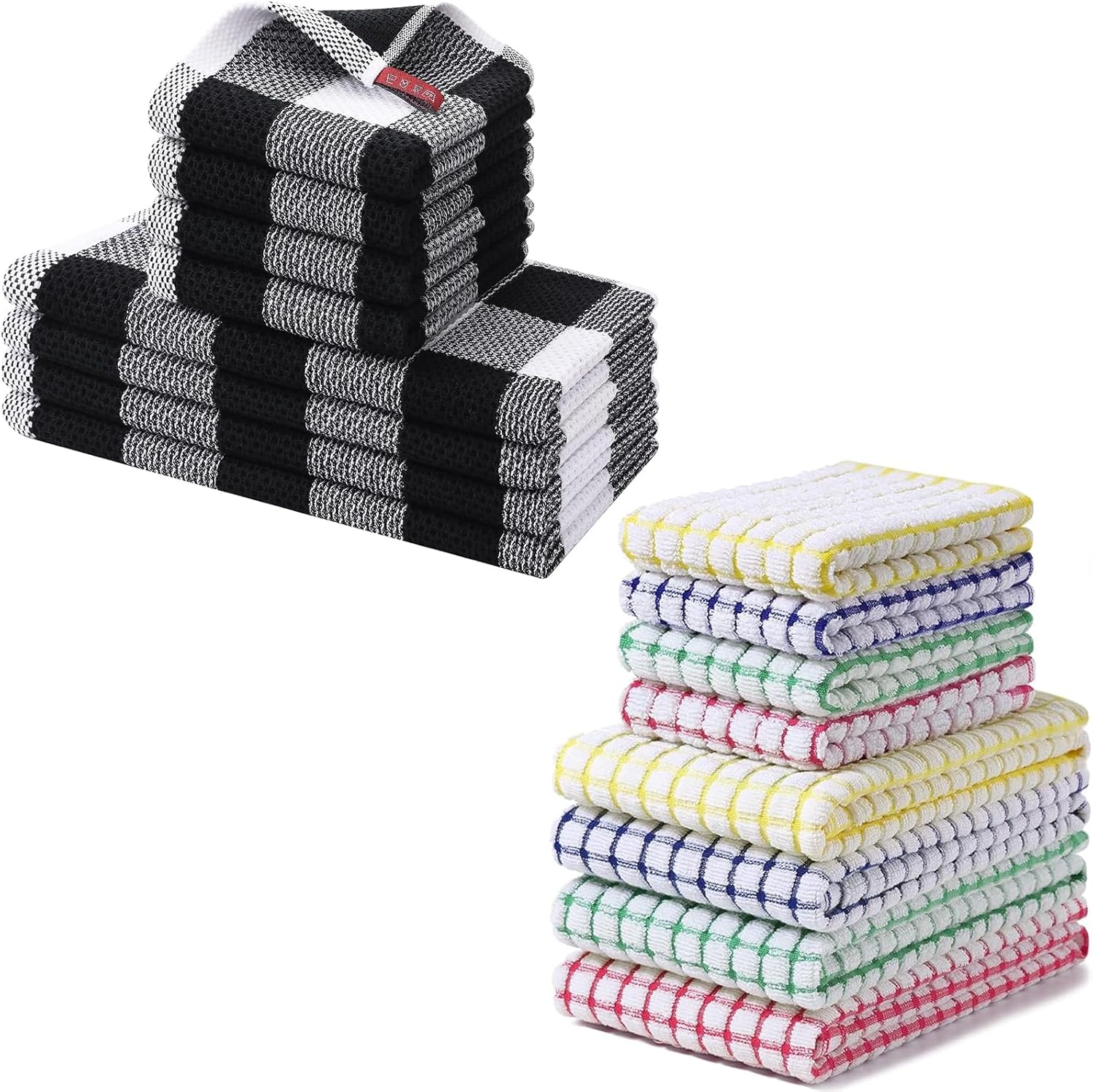 Homaxy Kitchen Towels and Dishcloths Set 12 x 12 and 13 x 28 Inches, 6 Pack, White & Black , Kitchen Towels and Dishcloths Set 16 x 25 and 12 x 12 Inches, 8 Pack, Blue/Yellow/Red/Green