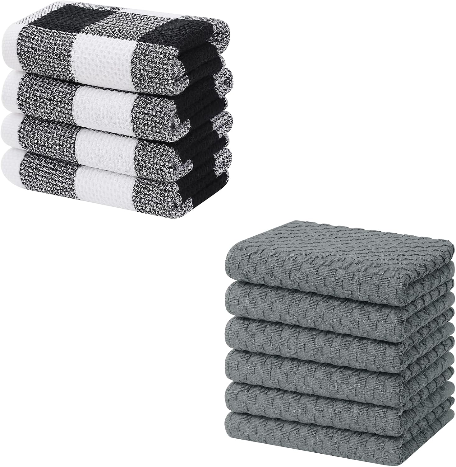 Homaxy 100% Cotton Waffle Weave Check Plaid Kitchen Towels, 13 x 28 Inches, Super Soft and Absorbent Dish Towels for Drying Dishes and Terry Kitchen Towels 15" x 25", 6 Pack, Dark Grey