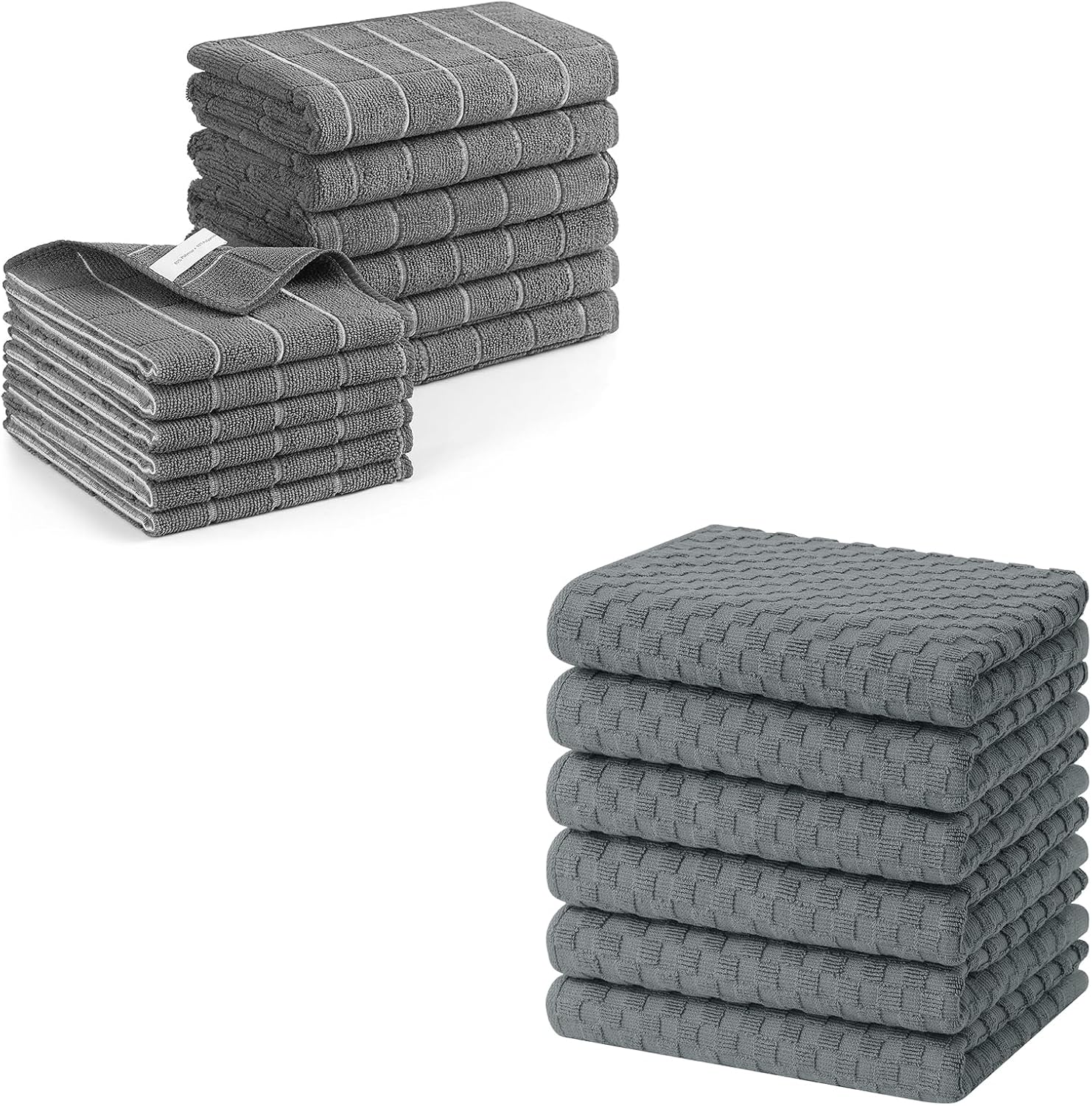 Homaxy Microfiber Kitchen Towels and Dishcloths Set, 12 Pack Soft and Absorbent Dish Hand Towels Bulk, 28 x 16 Inch & 12 x 12 Inch and Terry Kitchen Towels 15" x 25", 6 Pack, Dark Grey