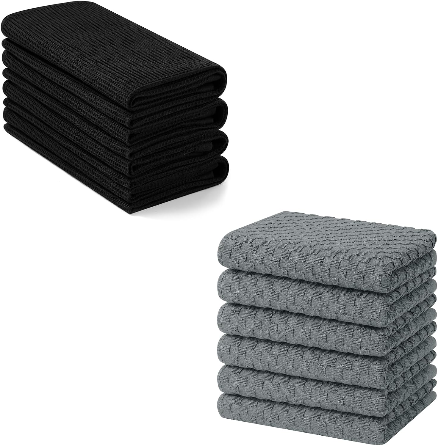 Homaxy 100% Cotton Waffle Weave Kitchen Towels - 4 Pack Soft and Absorbent Dish Towels - 16 x 26 Inches and Terry Kitchen Towels 15" x 25", 6 Pack, Dark Grey