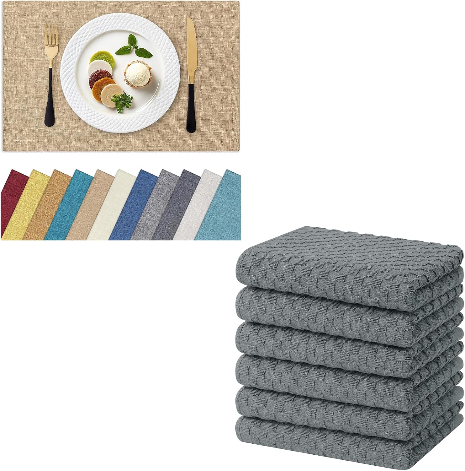 Homaxy Cloths Placemats for Dining Table Set of 6 13" x 19", Flaxen , Heat Resistant Washable Cotton Linen Blend Table Mats and Terry Kitchen Towels 15" x 25", 6 Pack, Dark Grey