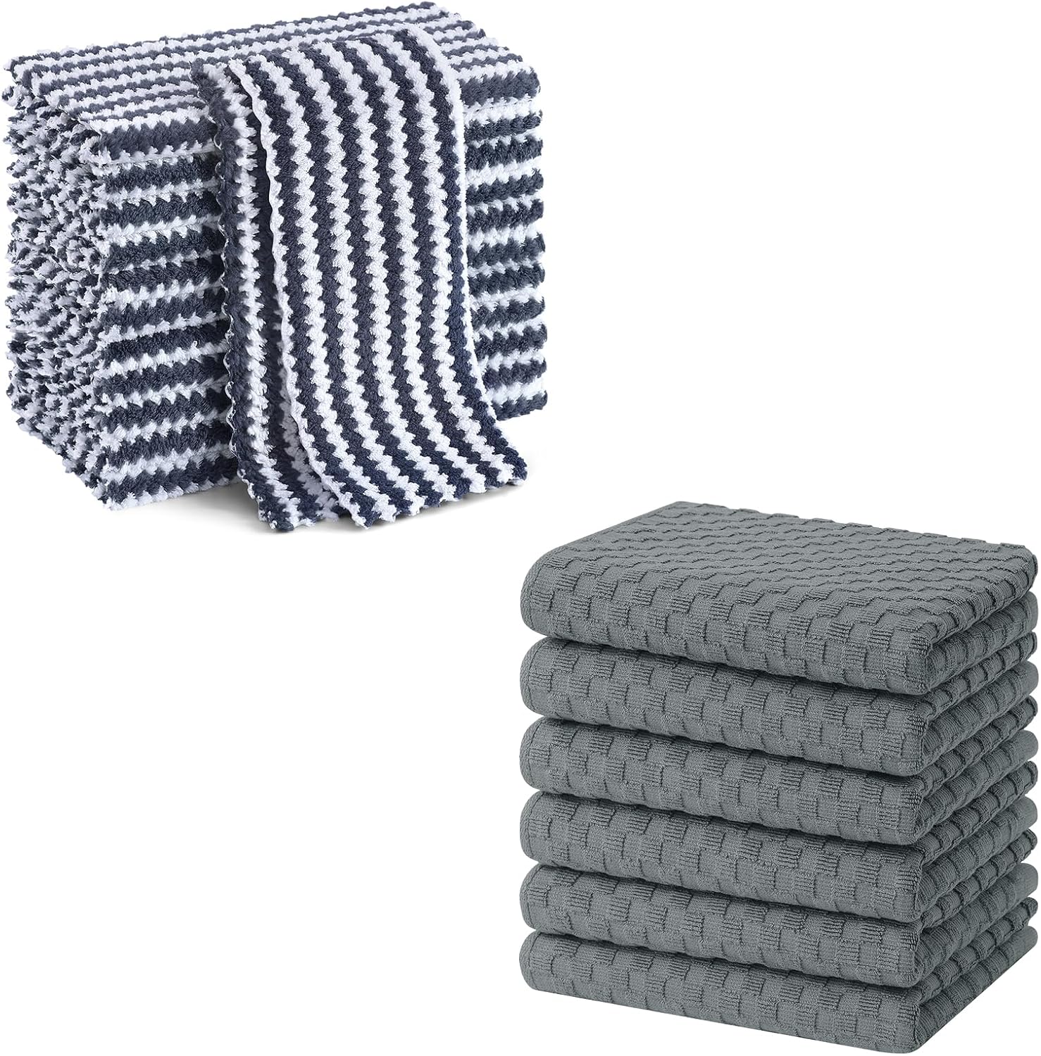 Homaxy 12 Pack Kitchen Dish Cloths 10 x 10 inches, Dark Grey , Reusable Fast Drying Microfiber Cleaning Cloth and Terry Kitchen Towels 15" x 25", 6 Pack, Dark Grey