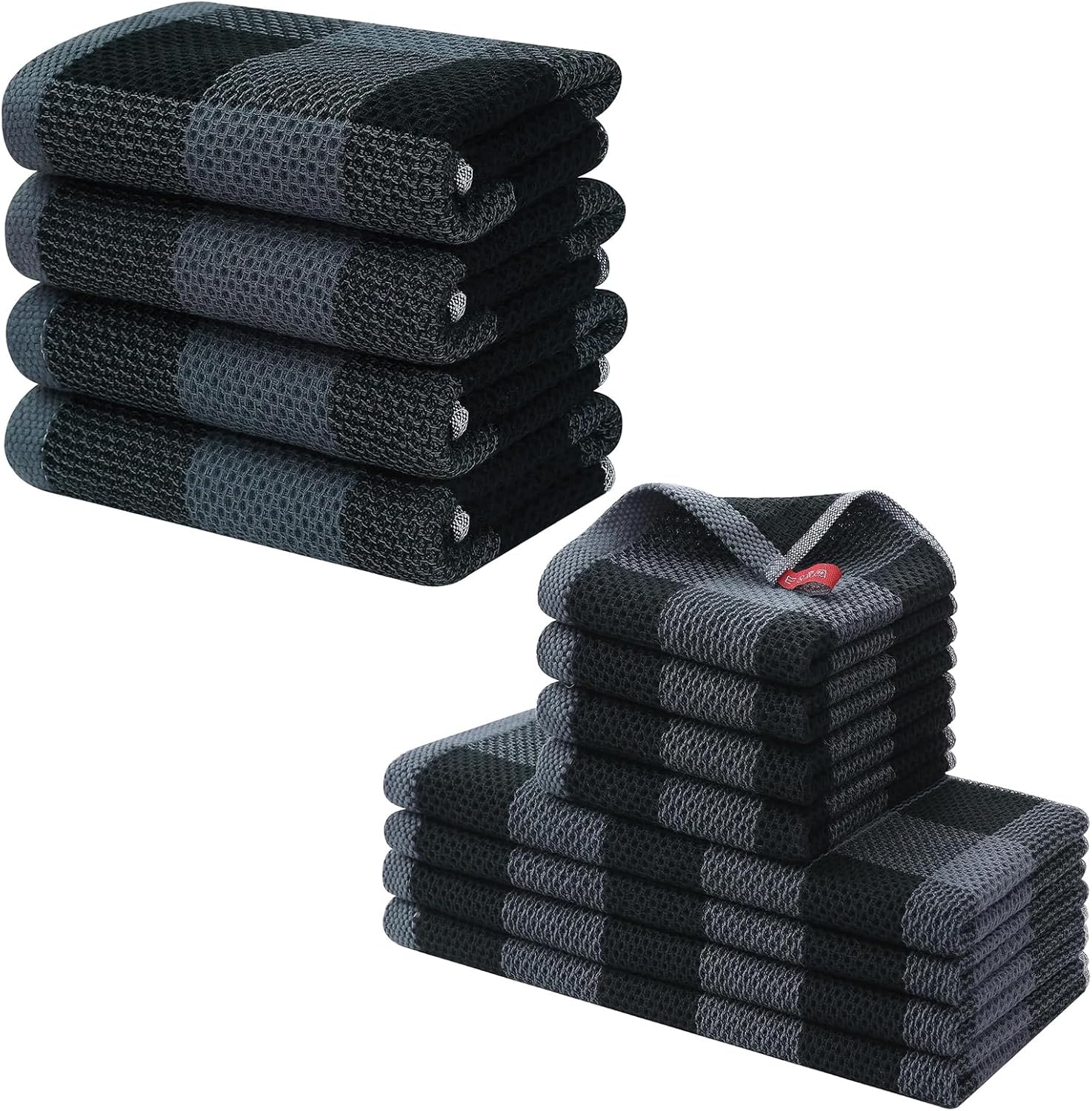 Homaxy 100% Cotton Waffle Weave Check Plaid Kitchen Towels, 13 x 28 Inches, 4-Pack, White & Black and Kitchen Towels and Dishcloths Set, 12 x 12 and 13 x 28 Inches, Black & Grey