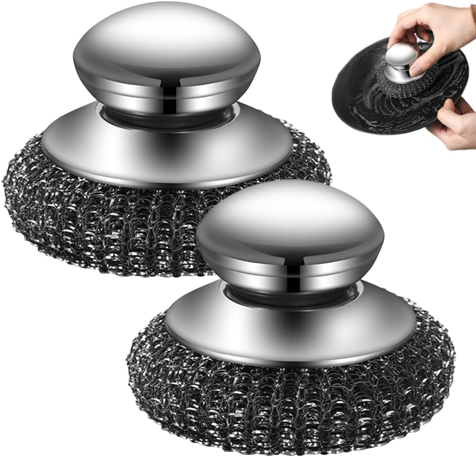 Steel Wool Scrubber with Handle, Upgrade Heavy Duty Stainless Steel Dish Scrubber for Cleaning Dishes, Iron Pots, Stoves, Kitchen Sink 2 pcs