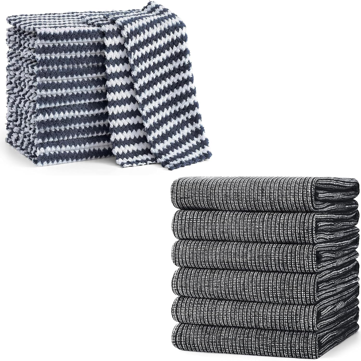 Homaxy 12 Pack Coral Velvet Wave Design Lint Free Kitchen Dish Cloths 10 x 10 inches and Large Cotton Kitchen Hand Towels 18”x 28”, 6 Pack , Flat and Terry Dish Towels
