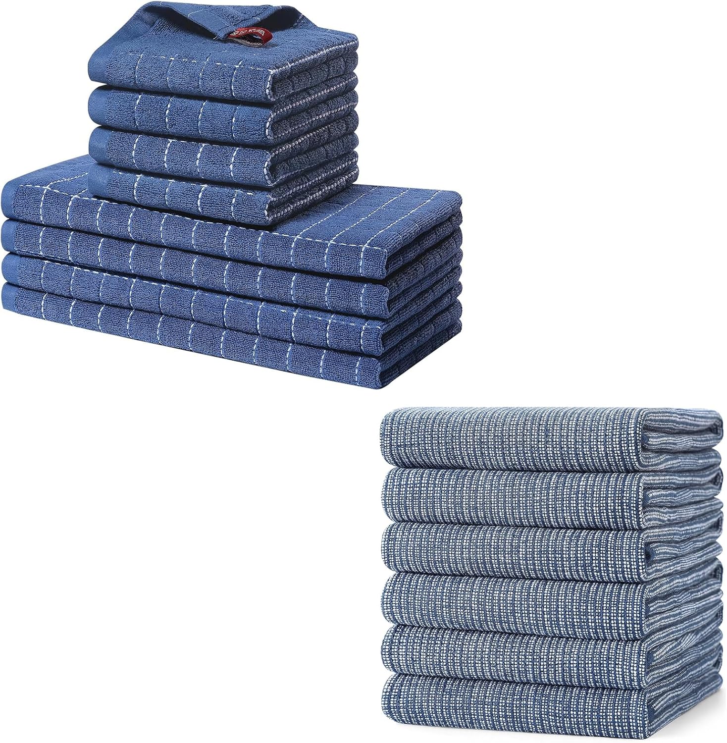 Homaxy Set of 8 Bulk Cotton Terry Kitchen Towels Set, 12 x 12 and 13 x 28 Inches, Checkered Designed and Large Cotton Kitchen Hand Towels 18”x 28”, 6 Pack , Flat and Terry Dish Towels
