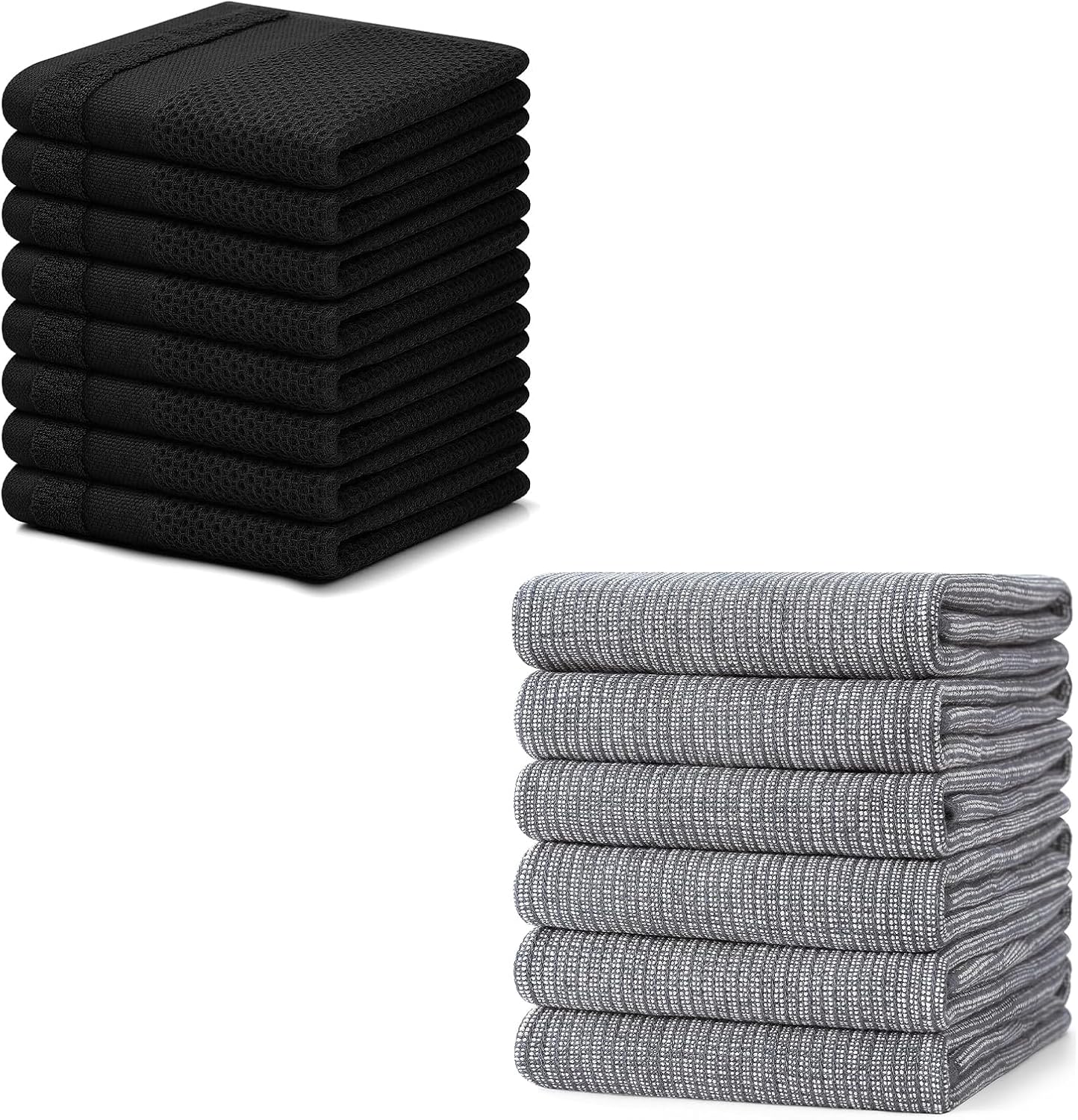 Homaxy 100% Cotton Dish Cloths, 8 Pack - 12 x 12 Inches, Black and Flat and Terry Dish Towels 18”x 28”, 6 Pack , Large Cotton Kitchen Hand Towels
