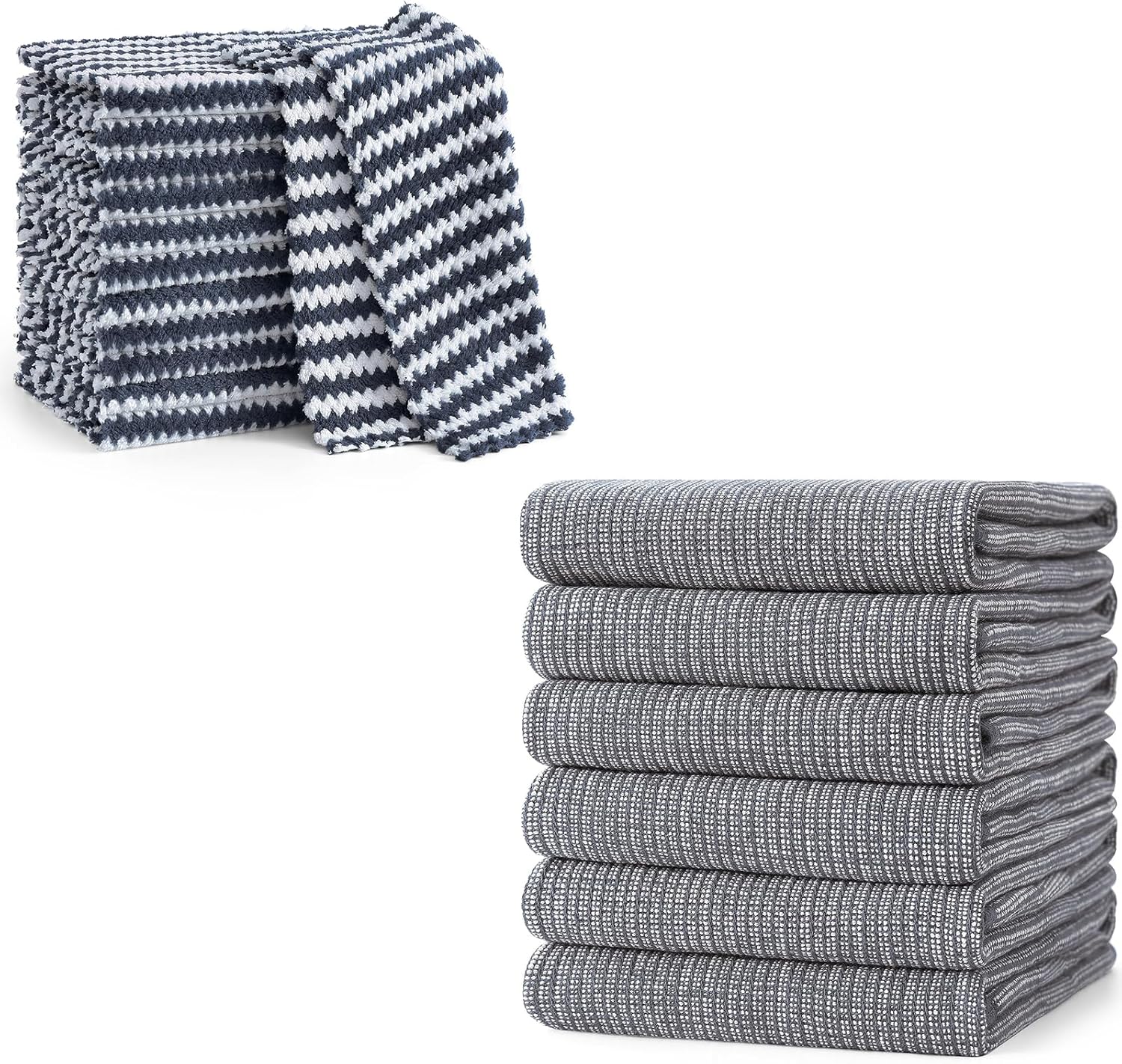 Homaxy 12 Pack Coral Velvet Wave Design Lint Free Kitchen Dish Cloths 10 x 10 inches and Large Cotton Kitchen Hand Towels 18”x 28”, 6 Pack , Flat and Terry Dish Towels