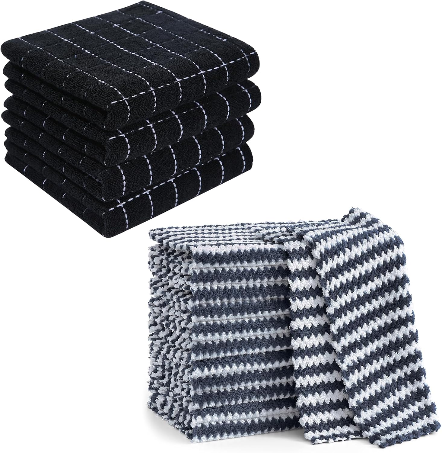 Homaxy 100% Cotton Terry Kitchen Towels Black, 13 x 28 inches,4 Pack and Wavy Coral Velvet Kitchen Dish Cloths Dark Grey, 10 x 10 inches, 12 Pack ,Soft and Super Absorbent Dish Towels