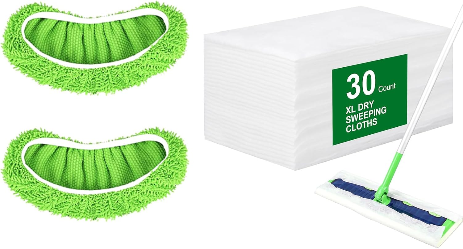 30 Count Disposable XL Dry Sweeping Cloths + 2 Pack Reusable Microfiber Mop Pads for Swiffer Sweeper XL Mop Mop is not Included
