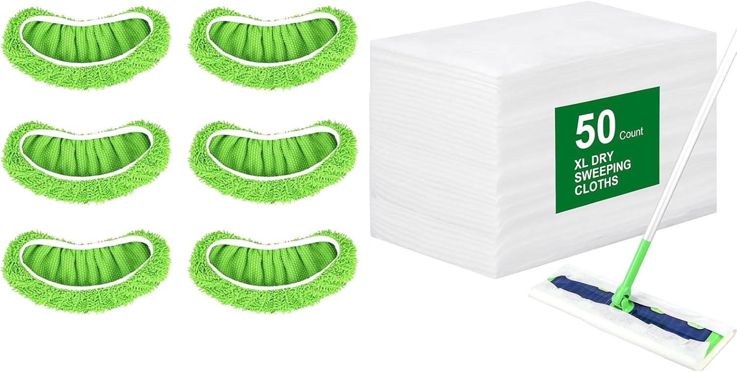 50 Count Disposable XL Dry Sweeping Cloths + 6 Pack Reusable Microfiber Mop Pads for Swiffer Sweeper XL Mop Mop is not Included