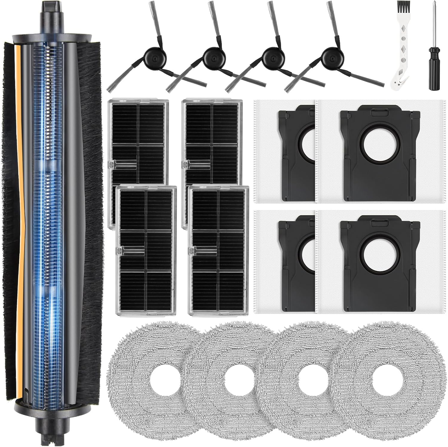 19 Pcs TriCut Brush Accessories Kit for Dreame X40 Ultra/X40 Master/L40 Ultra/Mova P10 Pro Ultra/Mova P50 Pro Ultra, include 1 Brush, 4 Dust Bags, 4 Filters, 4 Mop Pads, 4 Side Brushes, 2 Tools