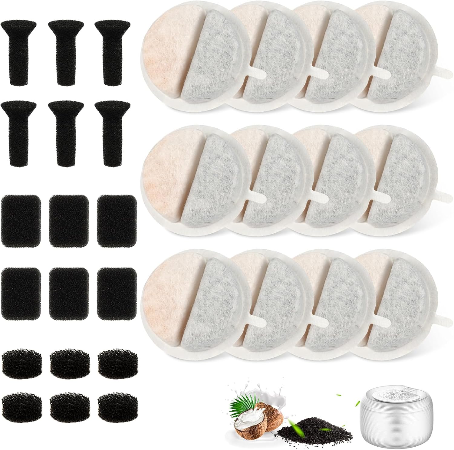 12 Pack Cat Water Fountain Filters Replacement for Nugget and Feelneedy Pet Water Dispenser, Triple Filtration System with Activated Charcoal and Ion Exchange Resin, including 18 Pre-Filter Sponges