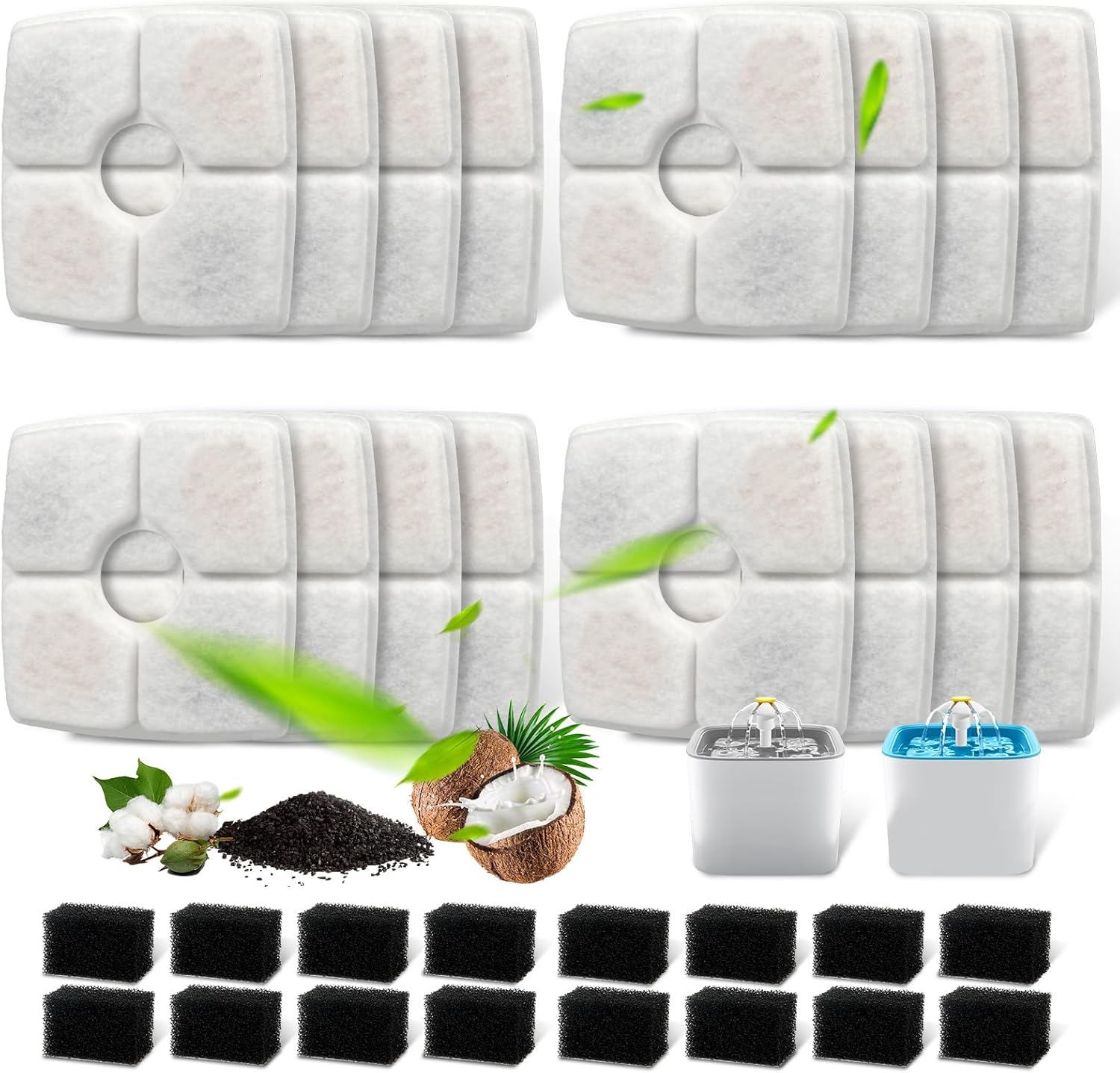 Replacement Filters & Pre-Filter Sponges 16 + 16 Pack for Veken 84 oz / 2.5L Pet Fountain, Triple Filtration System Filter Set for Cat Water Fountain & Dog Water Dispenser