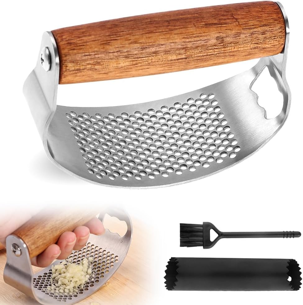 Stainless Steel Garlic Presser, Upgraded Garlic Press Rocker with Peeler and Cleaning Brush, Ergonomic Handle for Cooking Enthusiasts 1 pcs