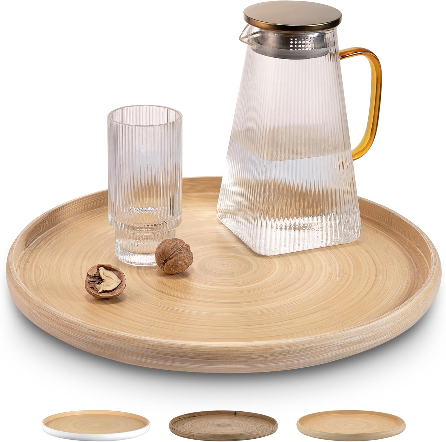 15.7" Bamboo Round Serving Tray – Large Handcrafted Wooden Tray for Food, Ottoman, Coffee Table, Kitchen, Charcuterie, or Home Décor, Natural