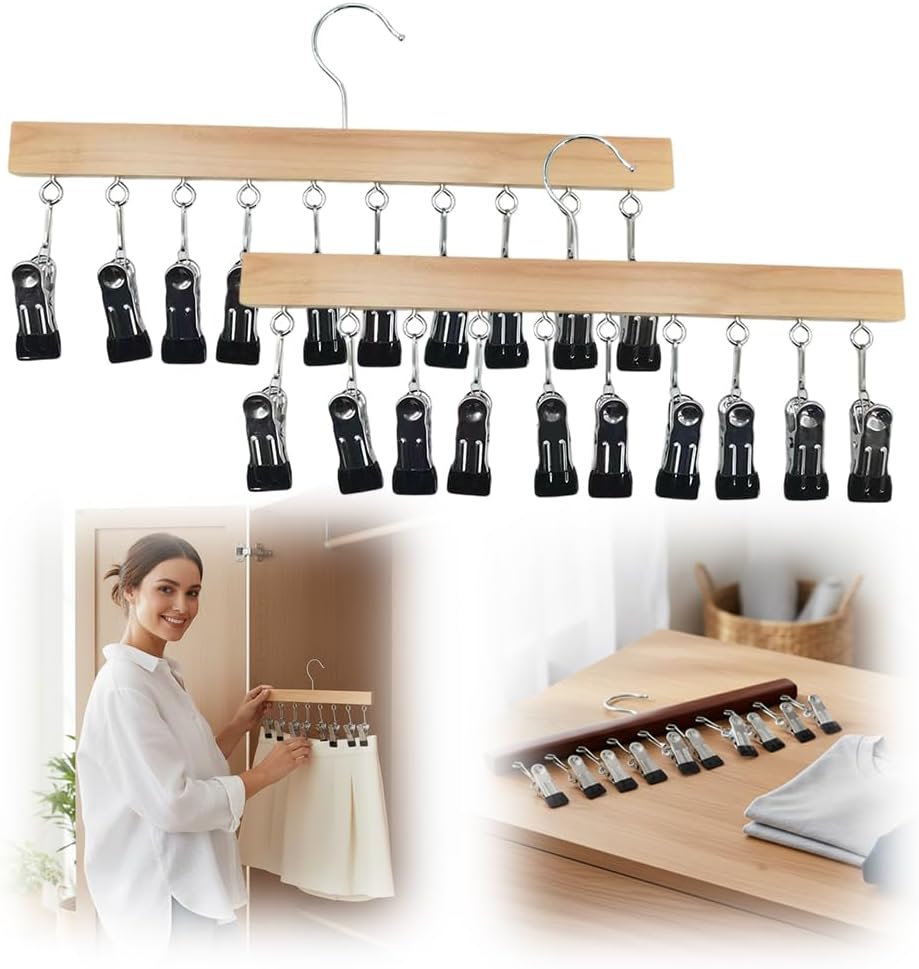 2 Pack Legging Hanger for Closet, with 10 Non Slip Clips Each, Wooden Clothes Hanger for Home Use, Space Saving Hanger for Family Wood