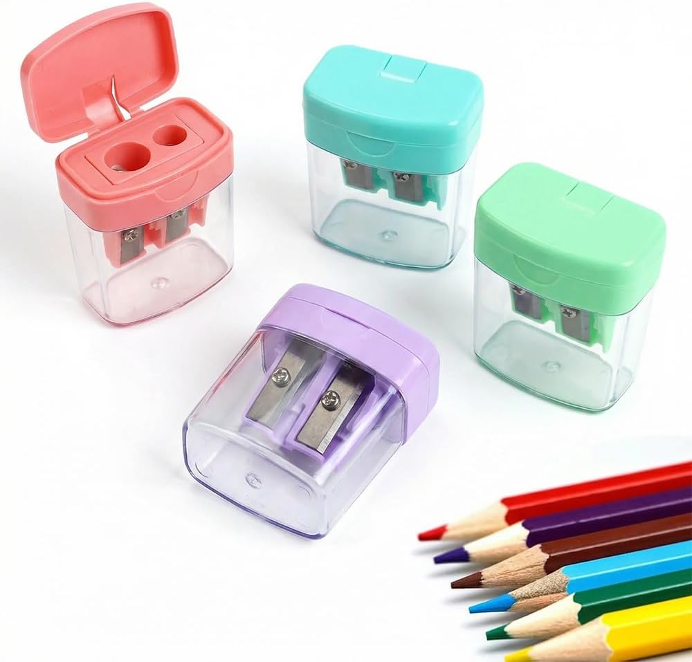 4 Pcs Pencil Sharpeners with Lid, Dual Holes Handheld Pencil Sharpener, Compatible with Standard and Jumbo Pencils, Compact Cute Sharpener for School, Home and Office Set