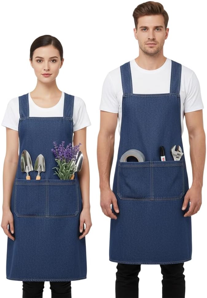 Lightweight Cotton Denim Apron with Front Pocket, Adjtable Bib Apron for Men Women Chef Apron, Kitchen Apron