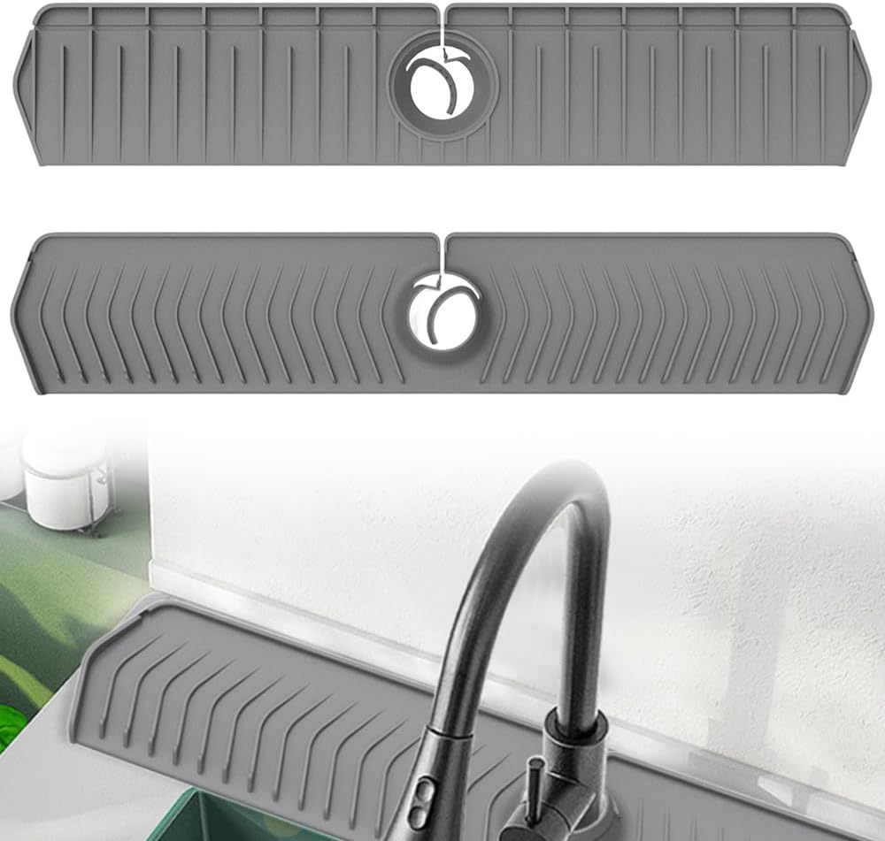 Kitchen Sink Faucet Mat, 30in Extra Long Foldable Silicone Faucet Guard & Splash Guard, 2026 Multi-Functional Draining Mat to Keep Countertops Dry, Protect Backsplash from Splash Grey
