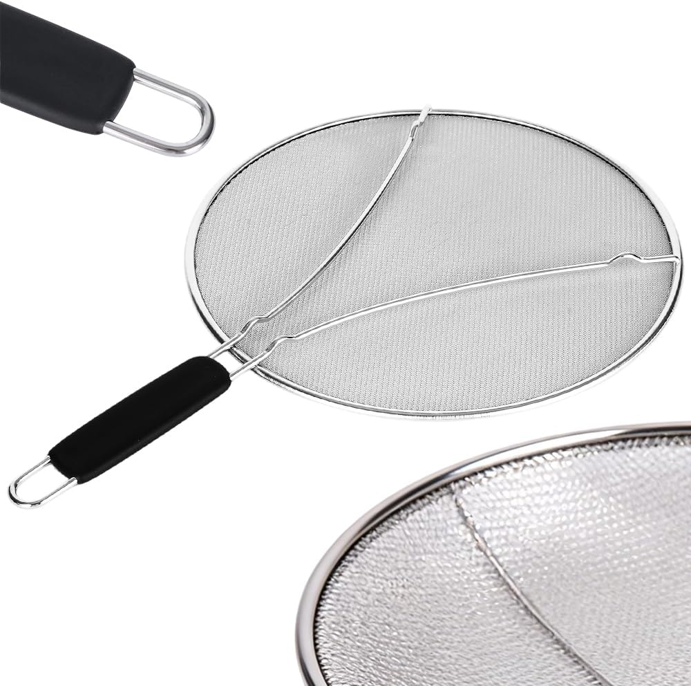 Stainless Steel Grease Splatter Guard, Large Fine Mesh Splatter Screen with Comfort Handle for Frying Pans & Cooking Pots, Fine Mesh Cover, Shield from Grease & Oil Large