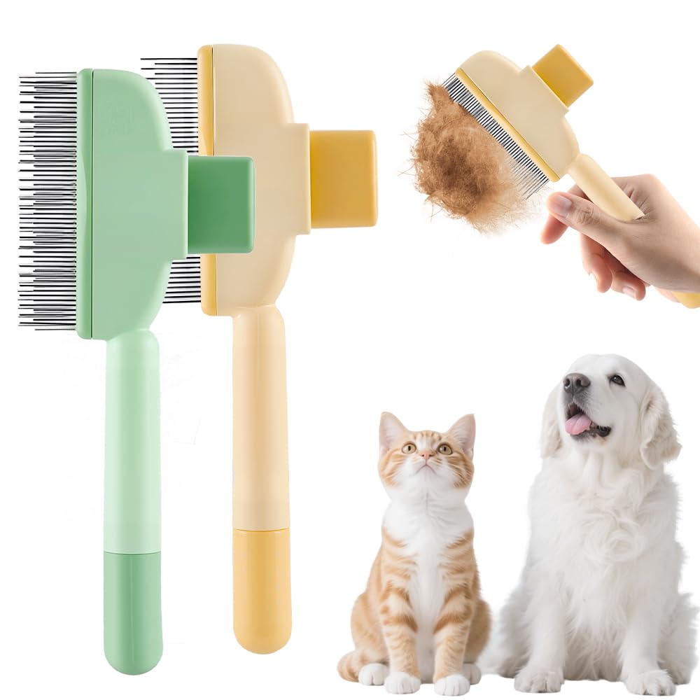 2-in-1 Pet Grooming Brh, Magic Pet Hair Remover Comb with Self-Cleaning Button for Dogs & Cats, Shedding Brh for Long/Short Hair, Home & Furniture Fur Removal Tool Green + Yellow