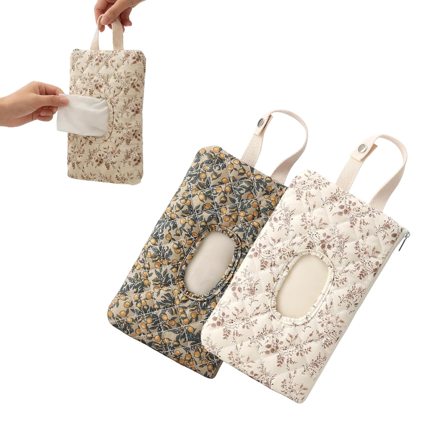 2 PCS Floral Quilted Baby Wipe Holder Pouch with Strap, Reable Portable Wipes Case for Stroller & Diaper Bag, Leak-Proof Travel Wipes Dispenser with Floral Pattern Mix