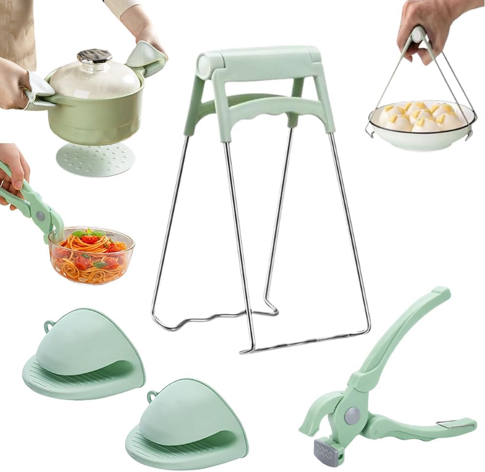 4-Piece Hot Plate Gripper Set, Anti-Scalding Kitchen Bowl Gripper with Silicone Pads, Stainless Steel Clips & Mini Gloves, Holder Tongs for Microwave, Air Fryer, Oven, Steamer Green