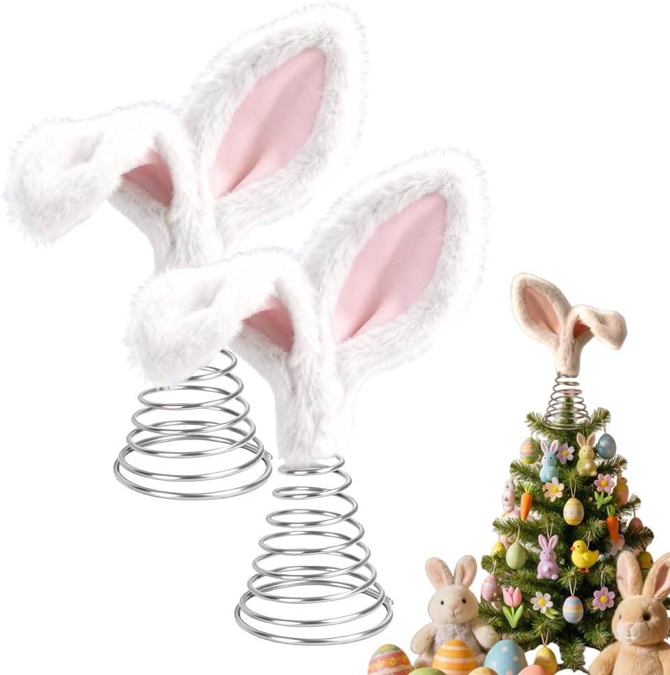 Easter Tree Topper Bunny Ears, Plh Metal Rabbit Ornament, Cute Bendable Spring Holiday Tree Decoration for Easter Home Party Supplies 2PCS