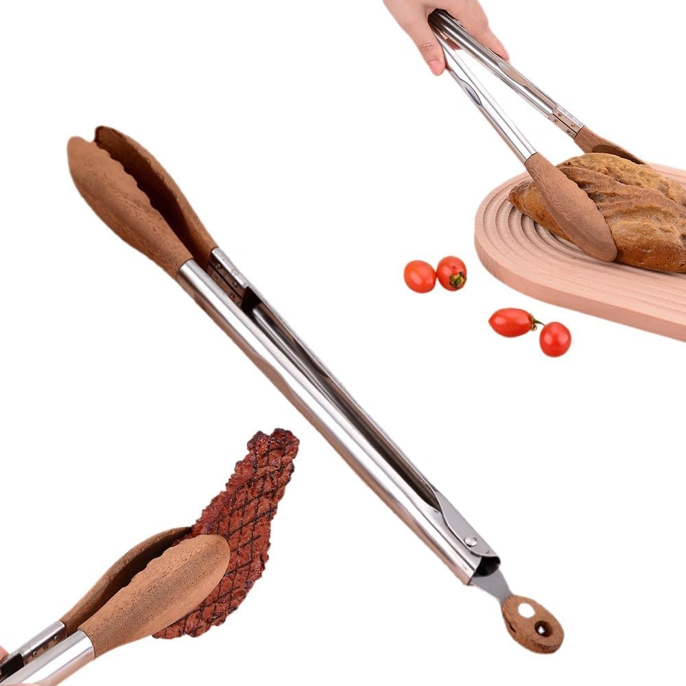 Walnut Wood Tongs for Cooking, Stainless Steel Anti-Slip Long Handle Wood Salad Tongs, Cooking Tong Tools for Serving Food Bbq Kitchen Hoehold Long 12in