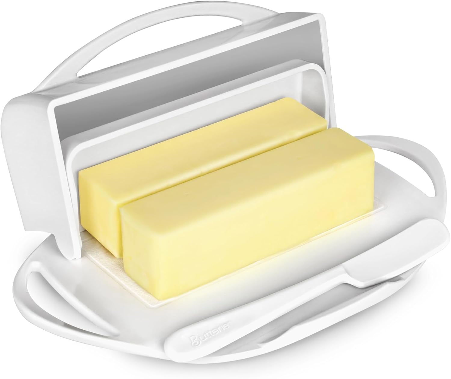 Flip Top Butter Dish with Attached Lid & Matching Knife - Holds 2 Sticks, Fits Kerrygold/European Butter - BPA Free & Dishwasher Safe - White