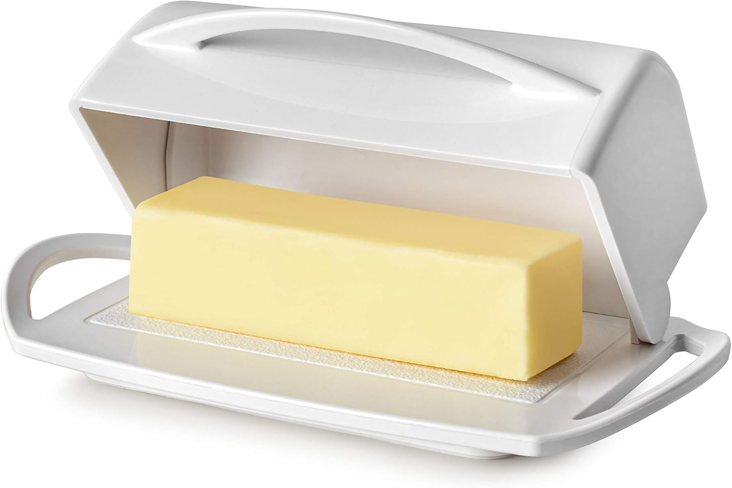 Flip Top Butter Dish with Attached Lid - Holds 2 Sticks, Fits Kerrygold/European Butter - BPA Free & Dishwasher Safe - White