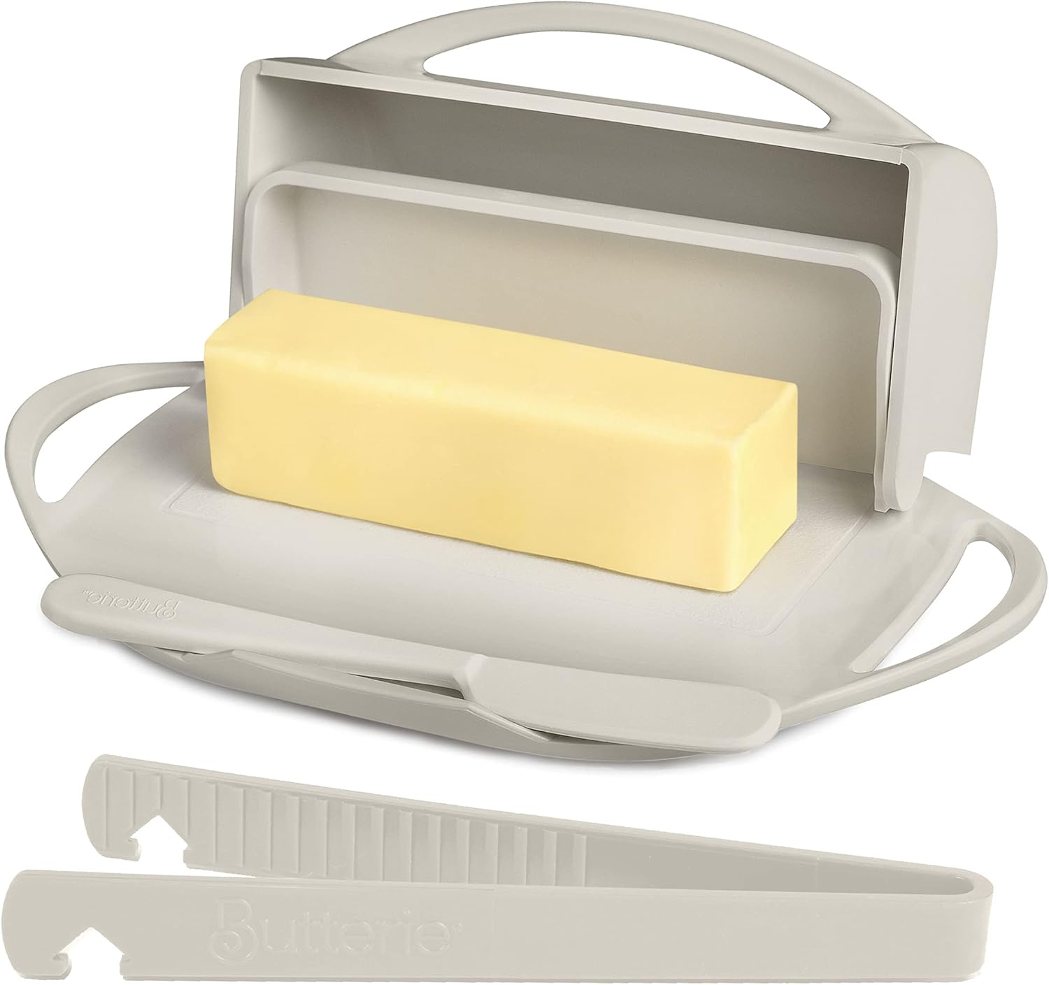 Flip-Top Butter Dish with Lid & Matching Knife Spreader for Countertop w/ Toaster Tongs, No-Mess Butter Tray Holds 2 Sticks/Kerrygold, Butter Keeper for Soft Butter, Dishwasher Safe Ivory