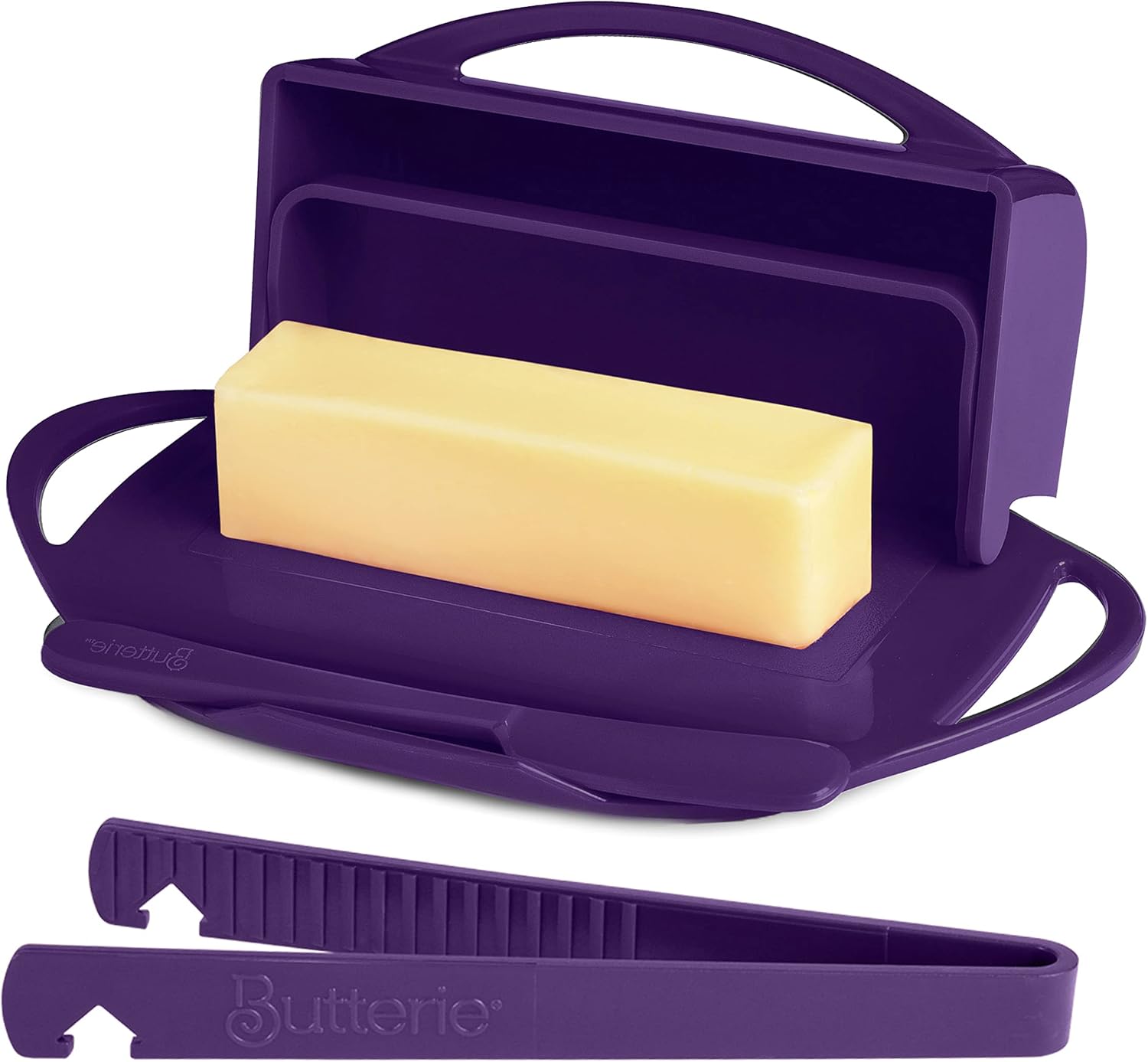 Flip-Top Butter Dish with Lid & Matching Knife Spreader for Countertop w/ Toaster Tongs, No-Mess Butter Tray Holds 2 Sticks/Kerrygold, Soft Butter Keeper, Dishwasher Safe Purple