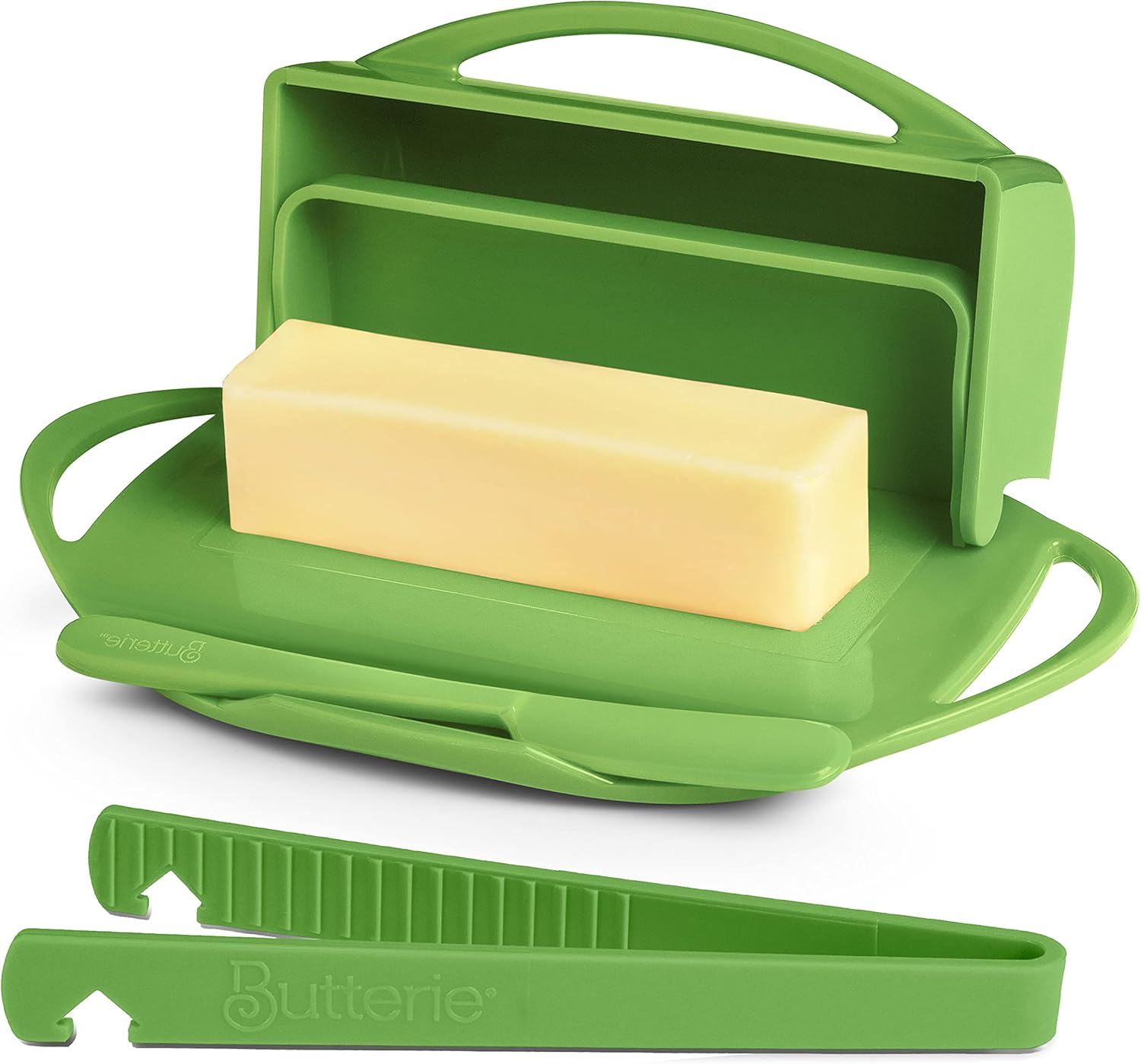 Flip-Top Butter Dish with Lid & Matching Knife Spreader for Countertop w/ Toaster Tongs, No-Mess Butter Tray Holds 2 Sticks/Kerrygold, Butter Keeper for Soft Butter, Dishwasher Safe Green