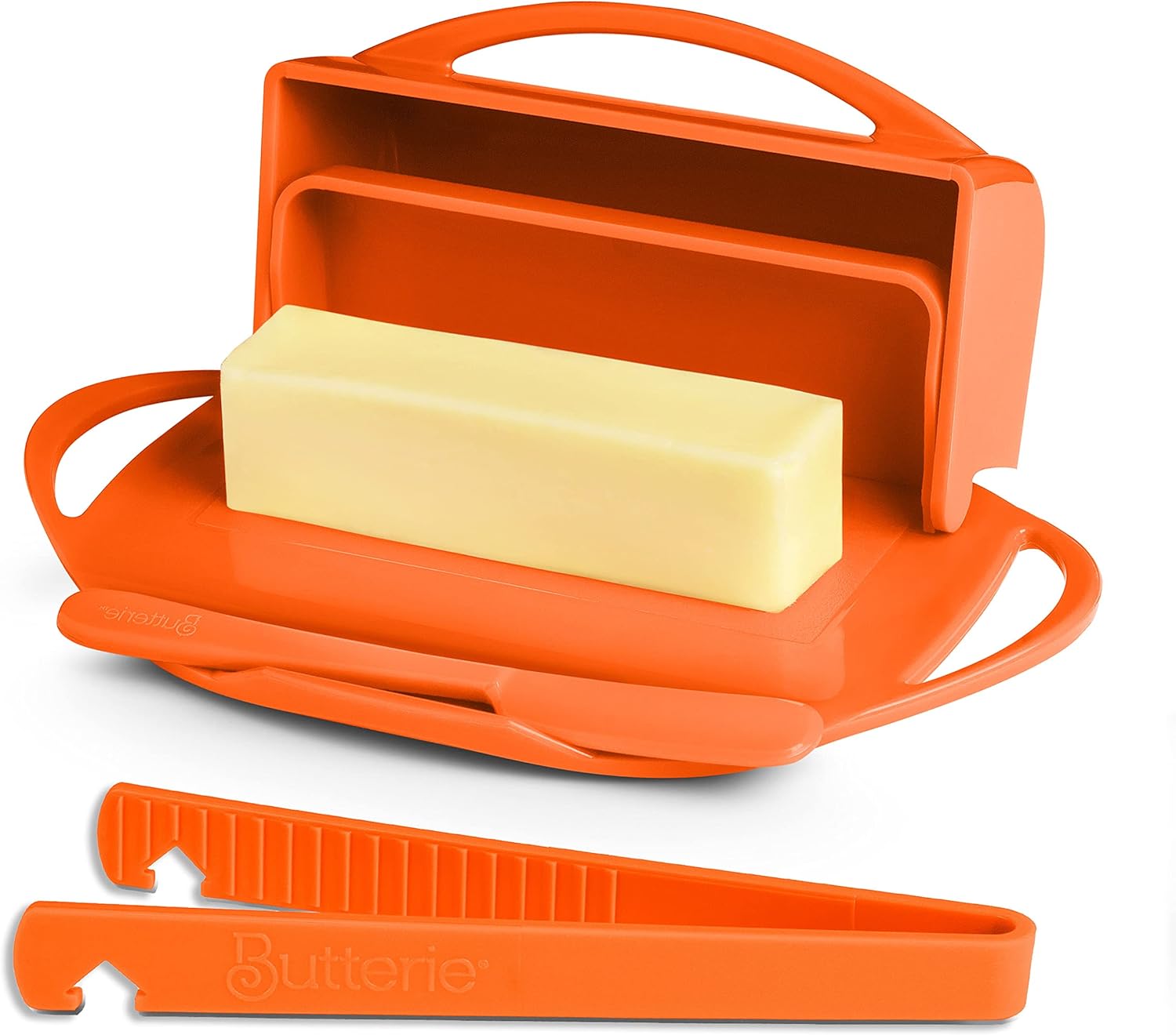 Flip-Top Butter Dish with Lid & Matching Knife Spreader for Countertop w/ Toaster Tongs, No-Mess Butter Tray Holds 2 Sticks/Kerrygold, Butter Keeper for Soft Butter, Dishwasher Safe Orange