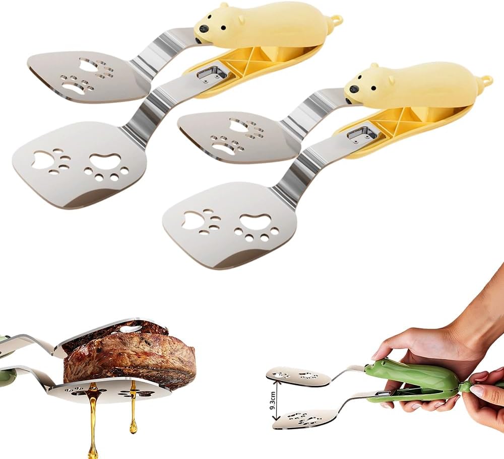 2 PCS Stainless Steel Grill Clamp, Upgrade Cooking Spatula Tongs with Non-Slip Grip, Heavy Duty Food-Grade 304 Steel, Dishwasher Safe for Grilling Meat, Fish and Pancakes Yellow